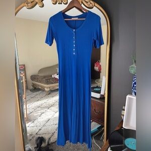Casual Blue Aline Maxi Henley Dress with Quarter Length Sleeves